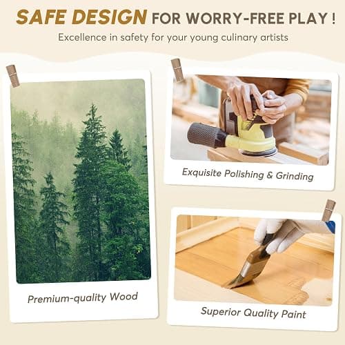 BIERUM Play Kitchen w/Realistic Lights, Sounds, Pretend Play Set for Kids | Interactive Wooden Kitchen with Coffee Maker & Microwave, 24 Pcs Toy Food & Cookware Accessories, Toddlers Gift for Ages 3+ thumbnail 6