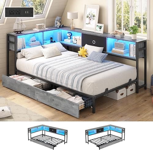 Hasuit Twin Corner Bed Frame with Storage Drawers and Bookcase Headboard, Twin Size Metal Platform Corner Bed Frame with Charging Station and LED Lights, Twin Daybed for Kids Teens Guests, Oak Gray - Image 1