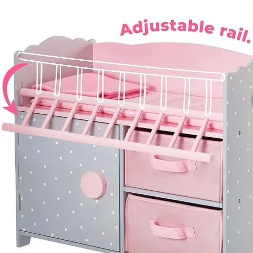 Olivia's Little World Wooden Baby Doll Crib with a Cabinet and Two Cubbies for Doll Accessory Storage Underneath, Pink and Gray and White Polka Dots thumbnail 4