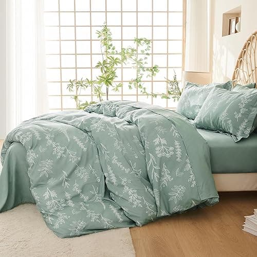 MUXHOMO Bed in a Bag Queen 7 Pieces, Sage Green Queen Comforter Set Reversible Botanical Flowers Design, Ultra Soft & Breathable Bedding Sets with Comforter, Sheets, Pillowcases & Shams thumbnail 5