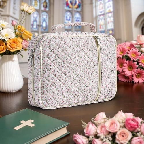 WOBAGMEN Bible Cover Case for Women,Large Bible Tote Bags Organizer Quilted Carrying Case for Girls,Bible Study Supplies Accessories Christian Gifts for Women (Pink Floral, M) thumbnail 2