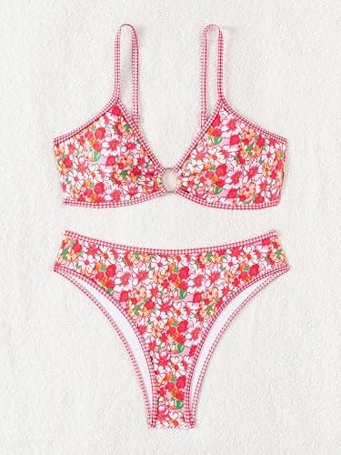 Fanuerg Women's Triangle Bikini Sets O Ring Linked Two Piece Swimsuits Floral Printed Cheeky Bathing Suit thumbnail 4