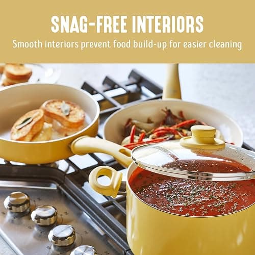 GreenLife 16 Piece Nonstick Cookware Set, Soft Grip Non-Toxic PFAS-Free Ceramic Pots & Pans, Dishwasher & Oven Safe, Frying, Sauce, Saute, Utensils, Glass Lids, Stay-Cool Handles, Wobble Free, Yellow thumbnail 3