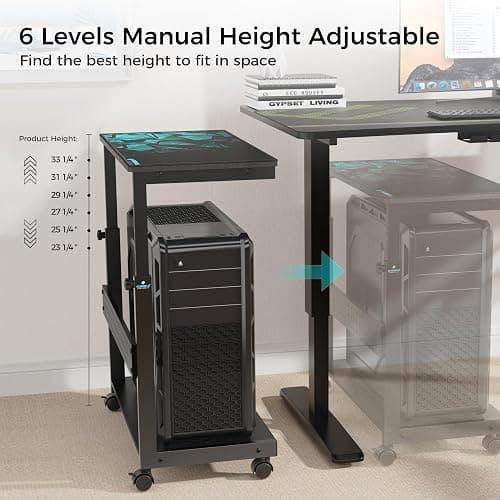 EUREKA ERGONOMIC PC Stand Computer Cart, Height Adjustable Tower Stand 2-Tier Suit for ATX Case Printer, Metal Rolling Cart on Wheels for Gaming Home Office, Black thumbnail 7