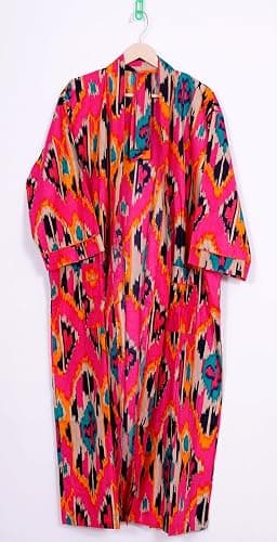 Pure 100% Cotton Robe For Womens Bathrobe Dressing Gown Long sleepwear Free Size Kimono thumbnail 4
