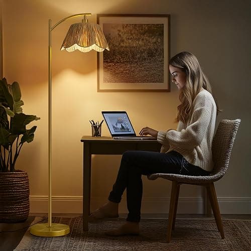 Oneach Arc Floor Lamp for Living Room,Rattan Boho Floor Lamp Decor with Hand-Woven Shade, Foot Switch,Gold Metal Base & Pole,Farmhouse Standing Lamp for Bedroom Corner,Reading thumbnail 3