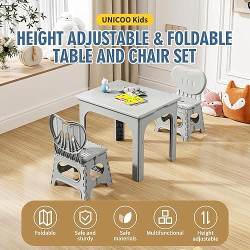 UNICOO® Kids Foldable & Height Adjustable Table Set w/2 Folding Chairs, Compact, Collapsible & Portable, Toddler Activity, Picnic Table, Card Table, Indoor/Outdoor (699) (Light Gray) thumbnail 3