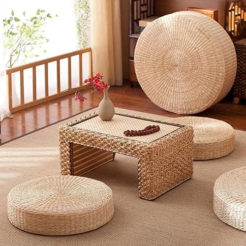 balurukt Japanese Style Tatami Floor Pillow,Sitting Cushion Bigger Size,Round Padded Room Floor Straw Mat for Outdoor Seat Hand Woven Tatami Cushion Best for Zen, Yoga Practice 45cm thumbnail 4