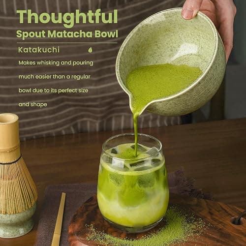 Matcha Whisk Set, Handcrafted Bamboo Chasen & Ceramic Bowl Matcha Kit, Complete 5 Pcs Matcha Set Whisk and Bowl W/Stainless Steel Sifter, Bamboo Scoop & Holder for Matcha Tea Ceremony (Mottled Green) thumbnail 5