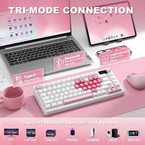 YUNZII B75 PRO MAX QMK/VIA Wireless Mechanical Keyboard,75% Layout with Screen and Knob,Custom Hot Swap Gasket,Creamy Pre-lubed Switches,Bluetooth/Type-C/2.4G for Win/Mac (White Heart,Candy Switch) thumbnail 4