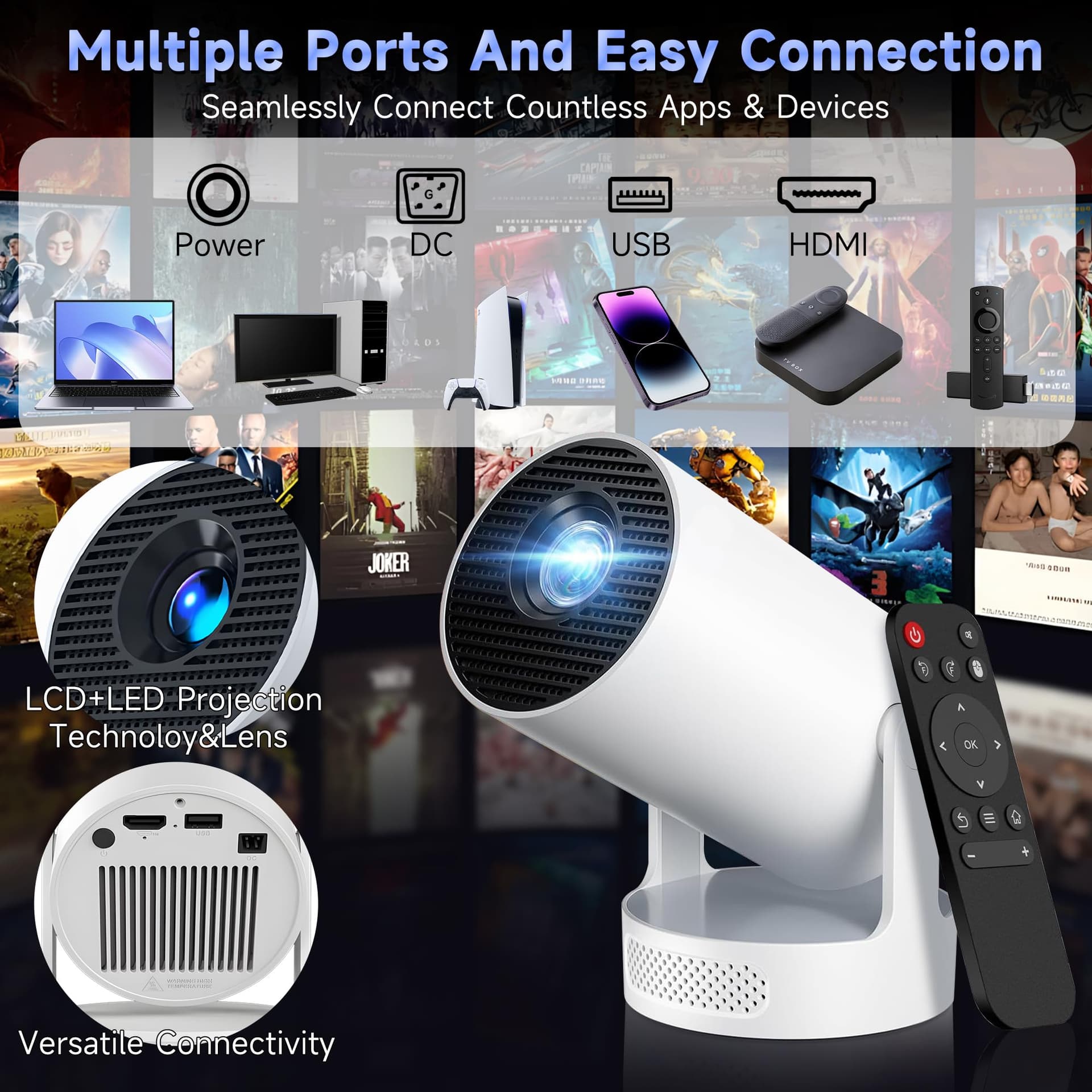 Mini Projector 1080P/4K Support, [Electronic Focus & Built-in App] Portable Projectors with WiFi 6 and Bluetooth 5.4, 5W Hi-Fi Speaker, Auto Vertical Keystone 180°Rotatable Projector Home Theater thumbnail 5