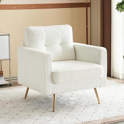 VINGLI Upholstered Living Room Chairs White Accent Chair Fluffy Teddy Fabric Mid Century Modern Sofa Chairs with Arms, Gold Legs for Reading, Bedroom, Waiting Room - Image 1