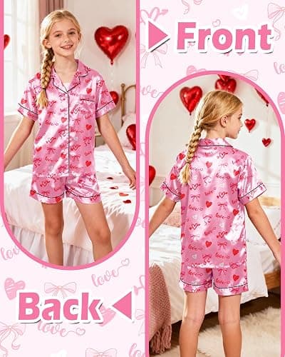 Sylfairy Girls Pajamas Silk PJS Set Pink Bow Satin Sleepwear Short Sleeve Jammies for Kids Button-Down Nightwear size 7-14 thumbnail 4