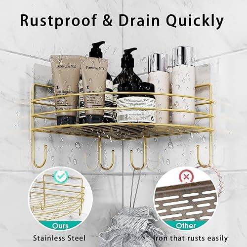 Corner Shower Shelves with 4 Hooks, 2-Tier Stainless Steel Bathroom Shower Organizers, Wall Mounted Caddy Shelves No Drilling with Adhesive, Triangle Storage Shelf for Toilet, Dorm and Kitchen, Gold thumbnail 3