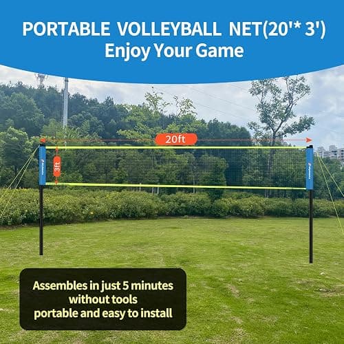 20FT Outdoor Volleyball Net Set System for Backyard Beach with Anti-Sagging Net, Iron Adjustable Height Poles, Soft PU Volleyball and Pump, Carry Bag - Instant Set Up & Durable thumbnail 9