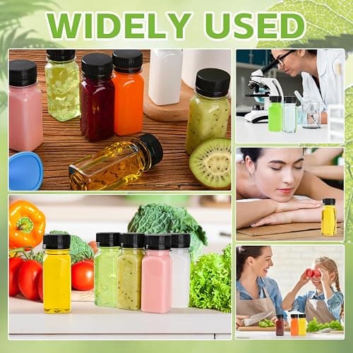 12 pcs 2oz Small Plastic Juice Bottles with Lids，Reusable Leak proof Ginger Shots Bottle with Black caps, Wellness Mini Jars Plastic Containers for Smoothie, Water, Milk and Other Beverages thumbnail 7