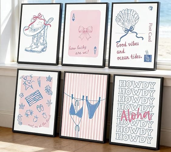 6Pcs Pink Blue Coastal Granddaughter Canvas Wall Art, Preppy Cowgirl Painting Pictures Wall Decor, Bikini Shell Posters Print Artwork for Girl Dorm Room College Home Decoration 8x10In Unframed thumbnail 2