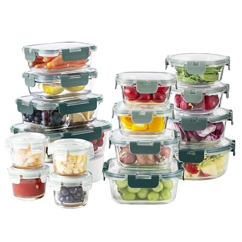 COOK WITH COLOR Premium 32-Pc. Borosilicate Glass Food Container Set with Dividers - 4 Rectangles, 8 Rounds, 4 Squares - Leakproof Lids - Meal Prep, Storage, Ombre Green thumbnail 6