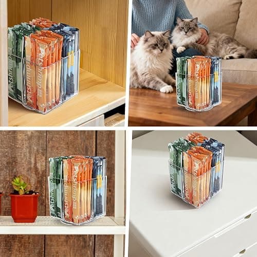 Lickable Cat Treats Organizer, Lazy Susan Acrylic Squeeze Up Cat Treats Storage Organizer with 4 Compartments, Wet Cat Food Storage Container for Kitchen Cabinet Pantry Shelf Countertop（Square） thumbnail 7