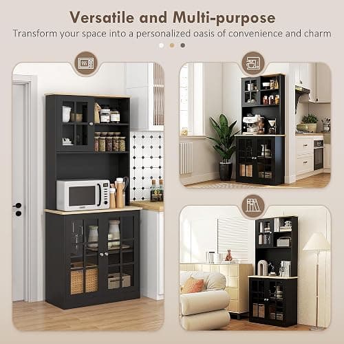 HOMCOM Kitchen Pantry Storage Cabinet, 72" Freestanding Cabinet with Hutch, Large Countertop, Glass Doors and Adjustable Shelves for Dining Room, Black thumbnail 8