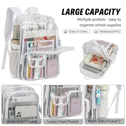 Kouxunt Clear Backpack Heavy Duty Transparent Backpacks Stadium Approved for School Work Sport Travel (White) thumbnail 3