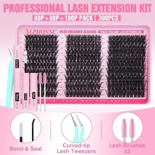 Volume Lash Clusters Kit DIY Lash Extension Kit 60D+80D+100D Individual Lashes Thick Cluster Eyelash Extensions Kit with Lash Bond and Seal and Tweezers by ALPHONSE (300pcs, 10-18mm) thumbnail 2