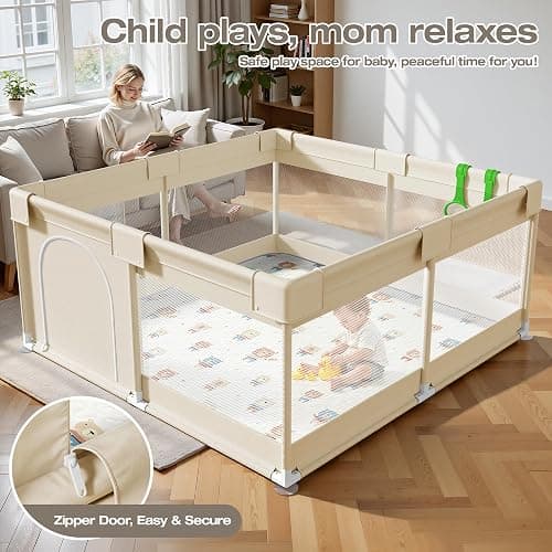 ZEEBABA Baby Playpen with Mat, 47x47in Beige for Babies & Toddlers | Machine Washable PlayMat cuts tedious scrubbing, Suction frame stops kid shifting, Outer zipper opens only externally thumbnail 3