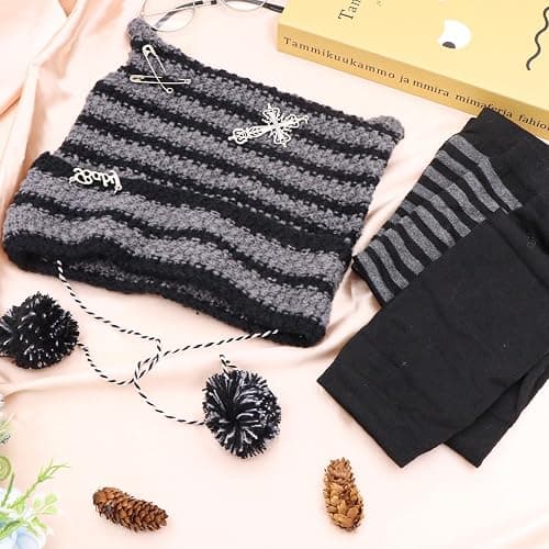 Scettar 2 Paare Damen Lange Fingerlose Handschuhe ，1 Paar Katzenohren-Mützen，Gestreift Stricken Armwärmer für Frauen, Y2k Streifen Fingerlose Armstulpen Handschuhe für Herbst Winter thumbnail 3