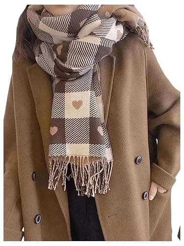 Floerns Women's Heart Print Plaid Fringe Trim Scarf Fall Casual Tassel Cute Scarves - Image 1