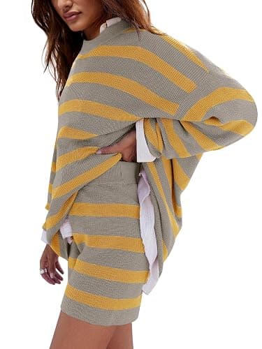 LAMISSCHE Womens Oversized Lounge Sets 2 Piece Outfits Striped Matching Pajama Set Long Sleeve Sweater Set thumbnail 2