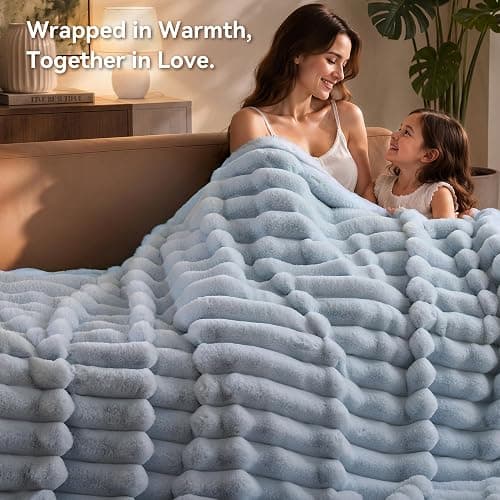 Smoofy Light Blue Fluffy Faux Rabbit Fur Striped Blanket 60"x80", 870GSM | Super Soft & Cozy Comfort Blanket, Luxury Fuzzy Fleece Throw, Perfect Home Decor For Sofa & Couch, Great Gift for Women thumbnail 5