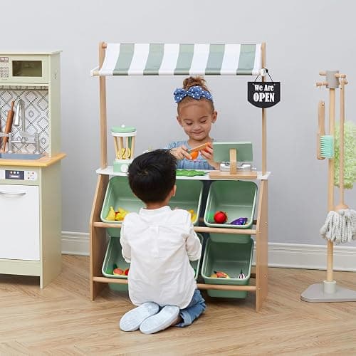 Teamson Kids Little Helper Wooden Farmer's Market Stand with Pretend Cash Register and 6 Plastic Storage Bins, Green, TD-13638A-AMZ thumbnail 6