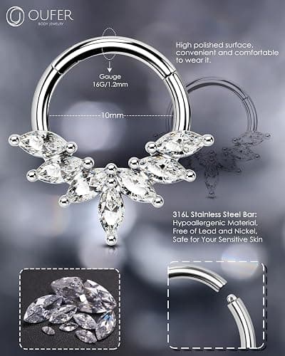 OUFER 16G Septum Rings Hoops, 316L Stainless Steel Septum Piercing Jewelry, Paved Shiny Clear CZ Cartilage Earrings, Helix Conch Daith Piercing Jewelry for Women and Men thumbnail 4