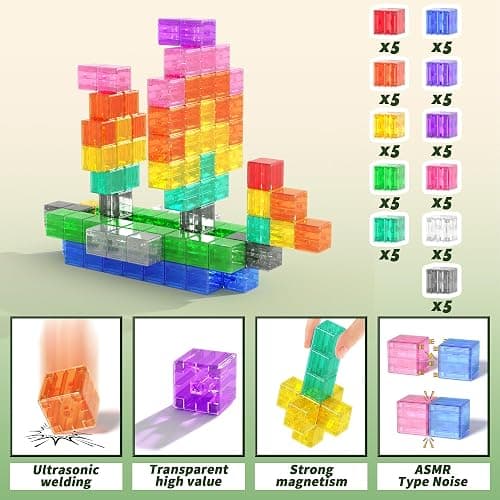 Magnetic Blocks Building Toys - Transparent Rainbow Magnetic Cubes Set, Outdoor Sensory Autism STEM Toys Gifts for Kids Aged 3+ Year Old Boys & Girls thumbnail 6