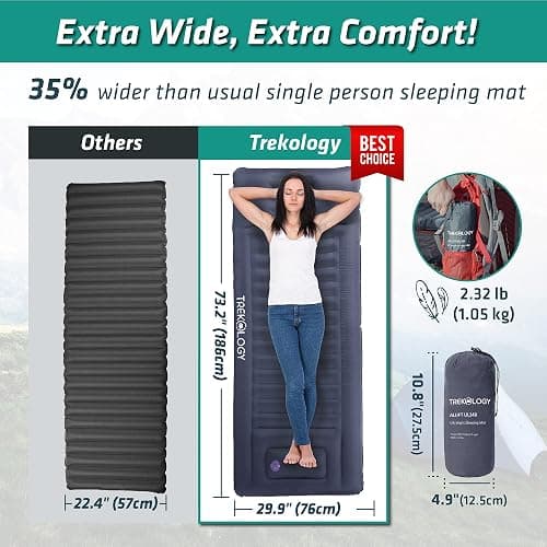 TREKOLOGY Sleeping Pad for Camping - Infaltable Mat – 73.2"x 29.9" Premium with Built‑in Pump, Neck‑Support Pillow, Thick 4.9" Height – Ultralight Sleep Pad for Tent, Backpacking & Travel thumbnail 4
