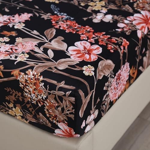 MAG 3pcs Black Floral Queen Bed Sheet,Microfiber Flower Bedding Sheet Set,Boho Bedding Sheet Set with 1 Fitted Sheet and 2 Pillowcases,14 Inches Deep (Black, Queen) thumbnail 4