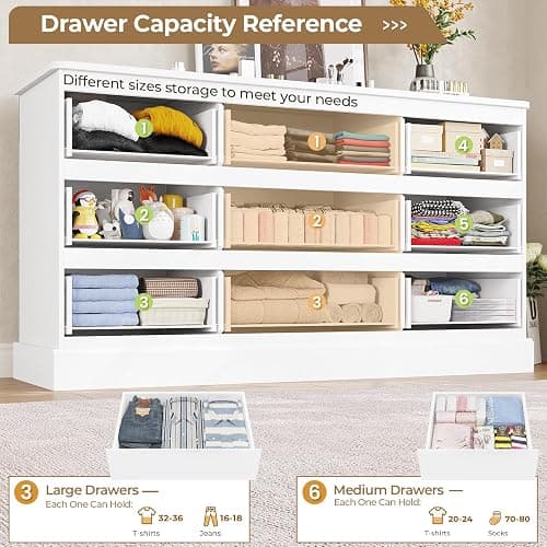 Hasuit Modern White Dresser for Bedroom with 9 Drawers, 61.4"Wide Dressers Chest of Drawer with Large Capacity Storage, Long Dresser TV Stand with Power Outlets, Sturdy Storage Cabinet for Living Room thumbnail 6
