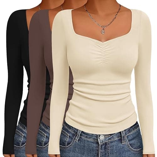 Ekouaer 3 Packs Womens Long Sleeve Tops Sweetheart Neck Fitted Shirts Basic Layering Tee Soft Undershirts Fall Outfits - Image 1