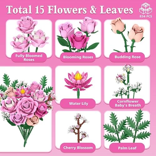 Pink Rose Bouquet Flowers Building Set, 834Pcs Roses Artificial Flowers Botanical Collection Compatible with Lego Flowers for Adults Christmas Anniversary Valentines Day Gifts for Mom Her Women thumbnail 2