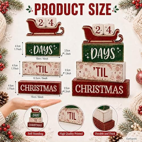 Christmas Countdown Decorations Indoor, Christmas Table Decor for Home | 99 Days Sleigh Christmas Wooden Table Party Centerpiece, Winter Tiered Tray Decor Farmhouse Xmas Gift for Kitchen Coffee Bar thumbnail 4