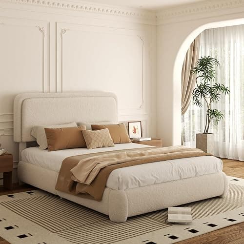 Konprosp Full Bed Frame, Teddy Velvet Boucle Bed Frame with 43.3"/45.3" Adjustable Upholstered Headboard, Rounded Corners, Mattress Foundation, No Box Spring Required, Beige - Image 1