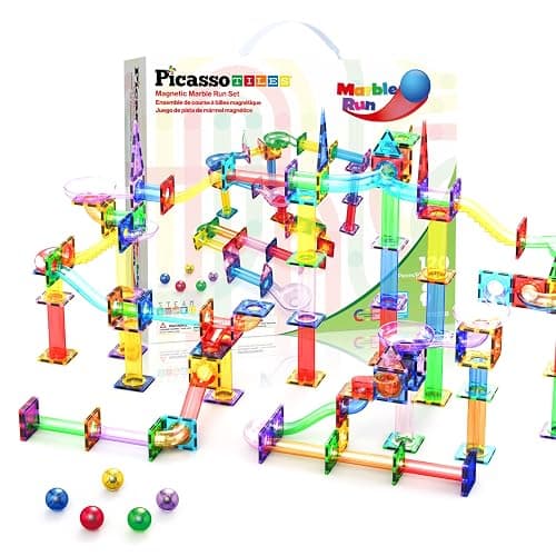 PicassoTiles 120pc Magnetic Tile Marble Run Set STEM Construction Toy with Track Building Blocks Educational Learning Compatible for Brain Development Creativity Coordination Kids Age 3 Plus PTG120 - Image 1
