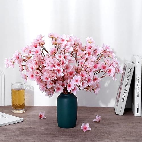SITUMEIZI 6Pcs Artificial Cherry Blossom Branches Decor Fake Flowers Silk Spring Faux Flowers 16" Peach Bouquet for Home Wedding Bedroom Japanese Decoration DIY Table Centerpiece Arrangement(Pink) thumbnail 6
