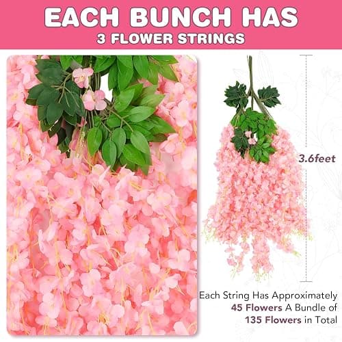 Alotiki Pink Wisteria Hanging Flowers, 50 Pack Fake Hanging Flowers | Artificial Flowers for Outdoors, Fake Flowers Garland for Backdrop, Home Garden Wedding Decor, Wisteria Garland Wedding Arch thumbnail 3