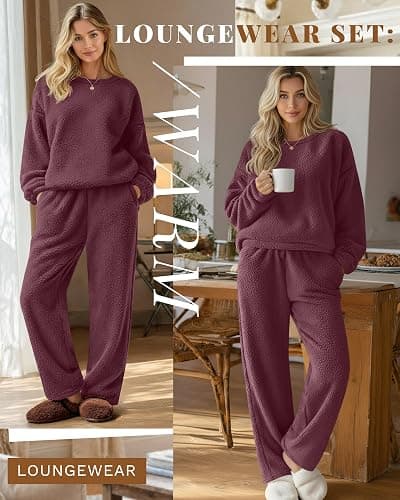 Oakgarden Women's Fuzzy Pajamas Sets Warm Fleece Loungewear Outfit Cozy Long Sleeve Fluffy Pullover Pant Set 2 Piece thumbnail 3