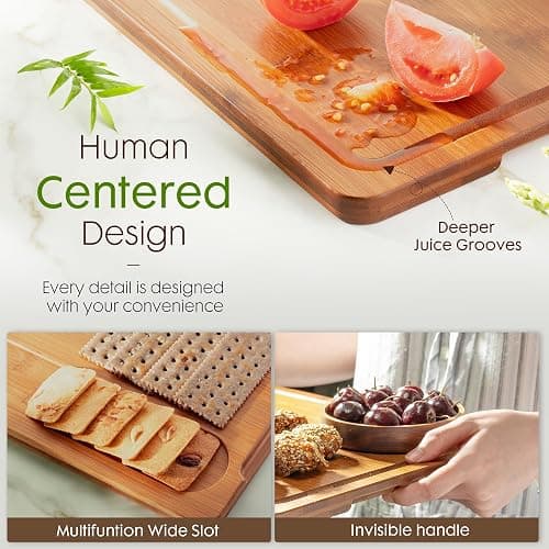 Astercook Deep-Carbonized Bamboo Cutting Boards for Kitchen with Wood Storage Stand, Reversible Charcuterie & Chopping Boards with Juice Grooves and Easy-Grip Handles, Fathers Day Gift for Men thumbnail 4