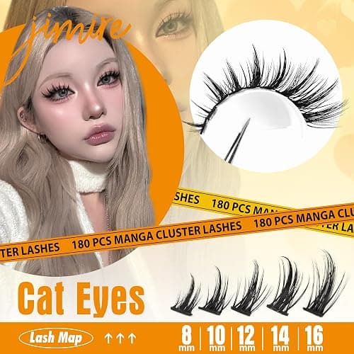 JIMIRE Wispy Lash Clusters Extensions 180Pcs Anime Eyelash Clusters D-Curly Manga Lashes Clusters Natural Look 8-16MM Cluster Eyelash Extensions Individual Lash Extension Pack thumbnail 2