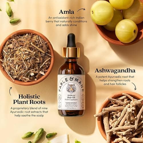 Fable and Mane Hair Oil - HoliRoots Strengthening Serum for Damaged, Frizzy Hair with Ashwagandha, Castor Oil & Scalp Treatment - 1.8FL oz thumbnail 8