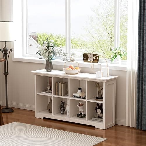 OSCHF Cube Shelf Bookcase with Base - Wooden 2 Tiers Floor Standing Low Storage Cabinet for Home and Office, 8-Cube Lattice Bookshelf, Warm White thumbnail 2