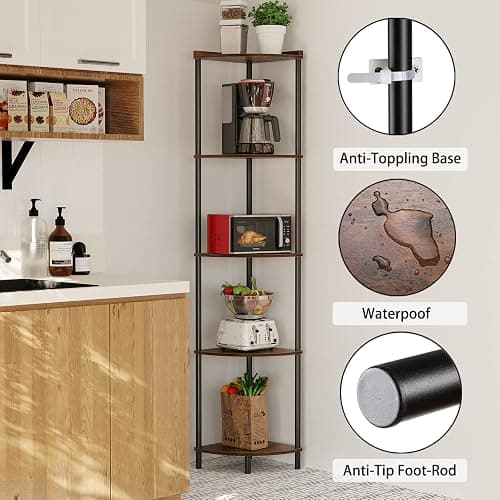 SUNMORY 5 Tier Corner Shelf Stand,Industrial 65" Corner Shelves Display Shelf for Living Room Decor,Wall Corner Bookshelf Multi Unit Organizer,Tall Shelf Plant Stand for Bedroom,Bathroom,Small Space thumbnail 3